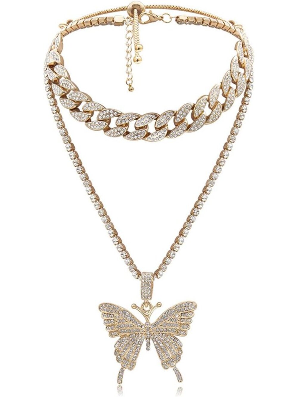 Butterfly Cuban Link Necklace Set, Women Hip Hop Choker Pendant Necklace